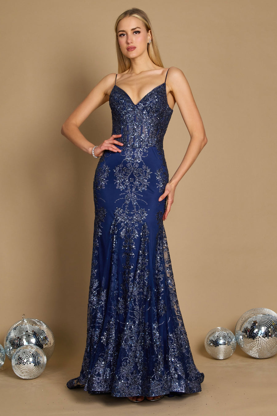 Fitted Corset Long Formal Prom Dress Navy