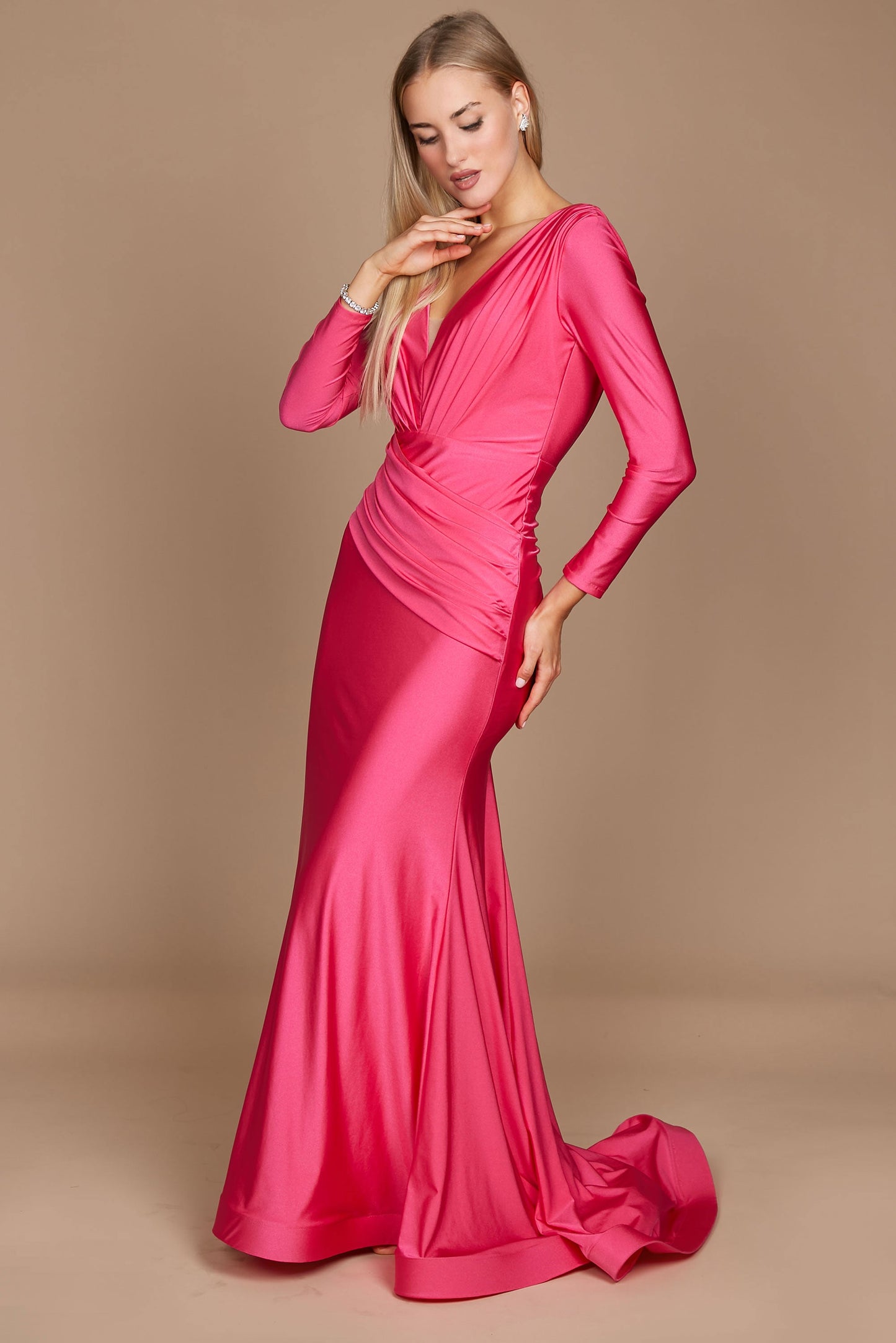 Long Sleeve Formal Fitted Evening Dress Fuchsia