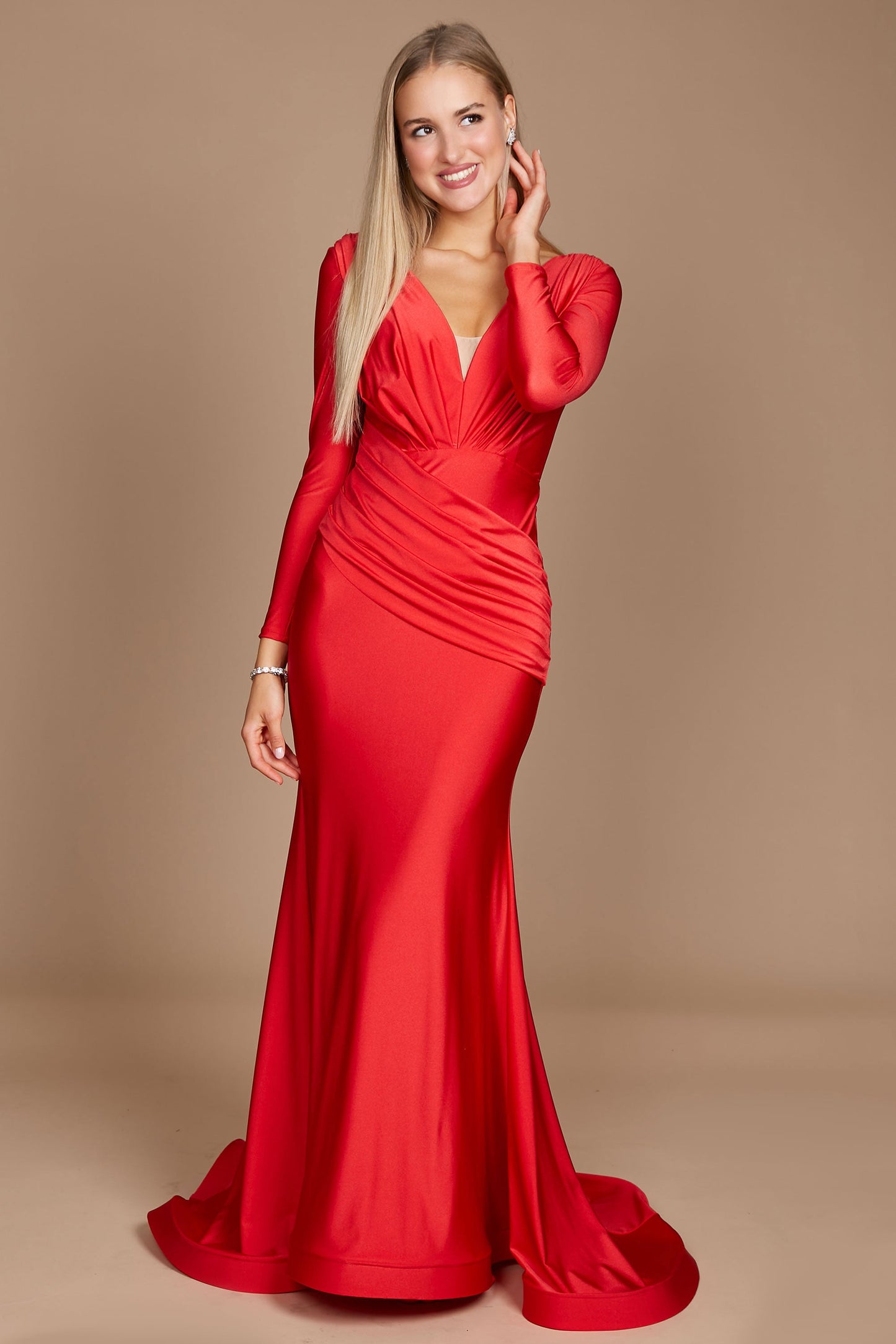 Long Sleeve Formal Fitted Evening Dress Red