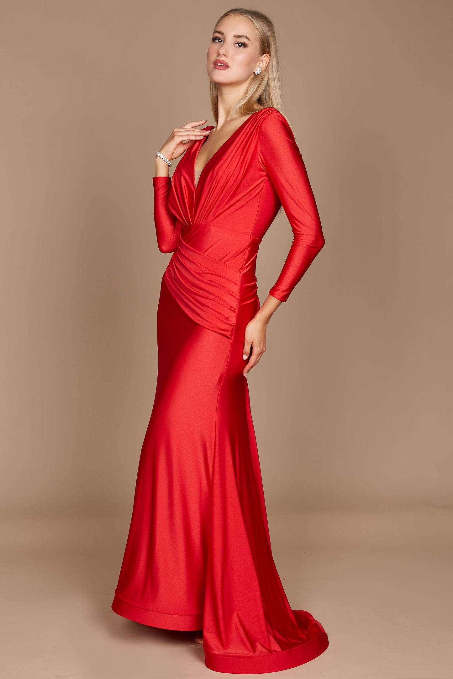 Long Sleeve Formal Fitted Evening Dress Red