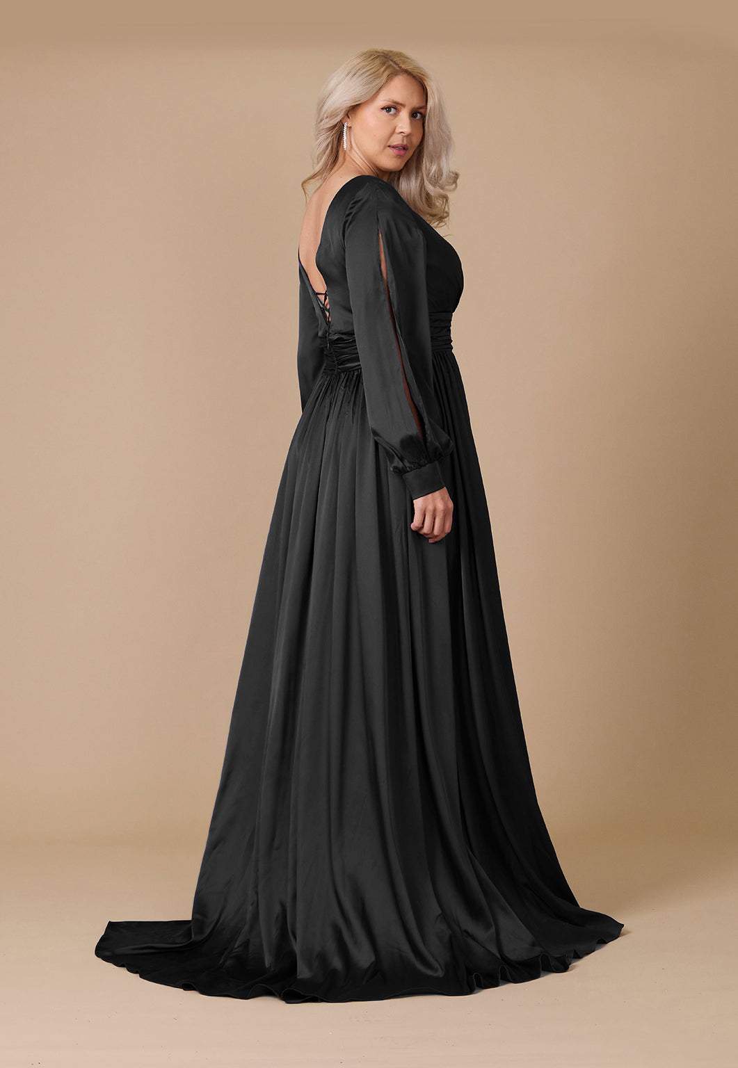 Formal Dresses Long Open Sleeve Satin Formal Evening Dress Black