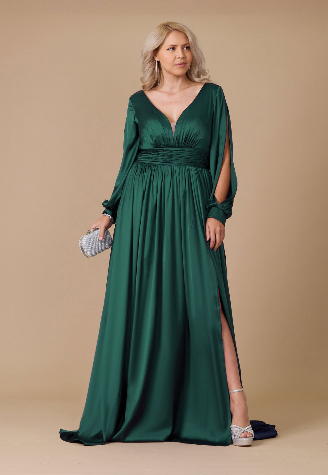 Formal Dresses Long Open Sleeve Satin Formal Evening Dress Emerald