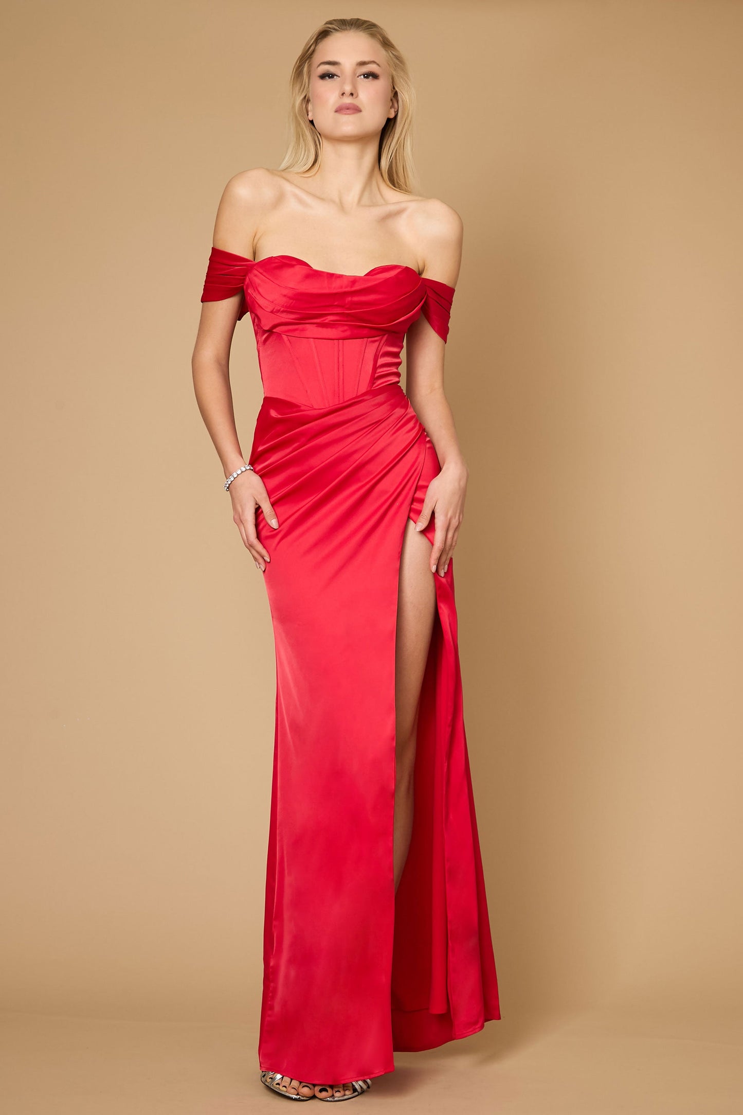 Long Formal Corset Satin Evening Dress Red