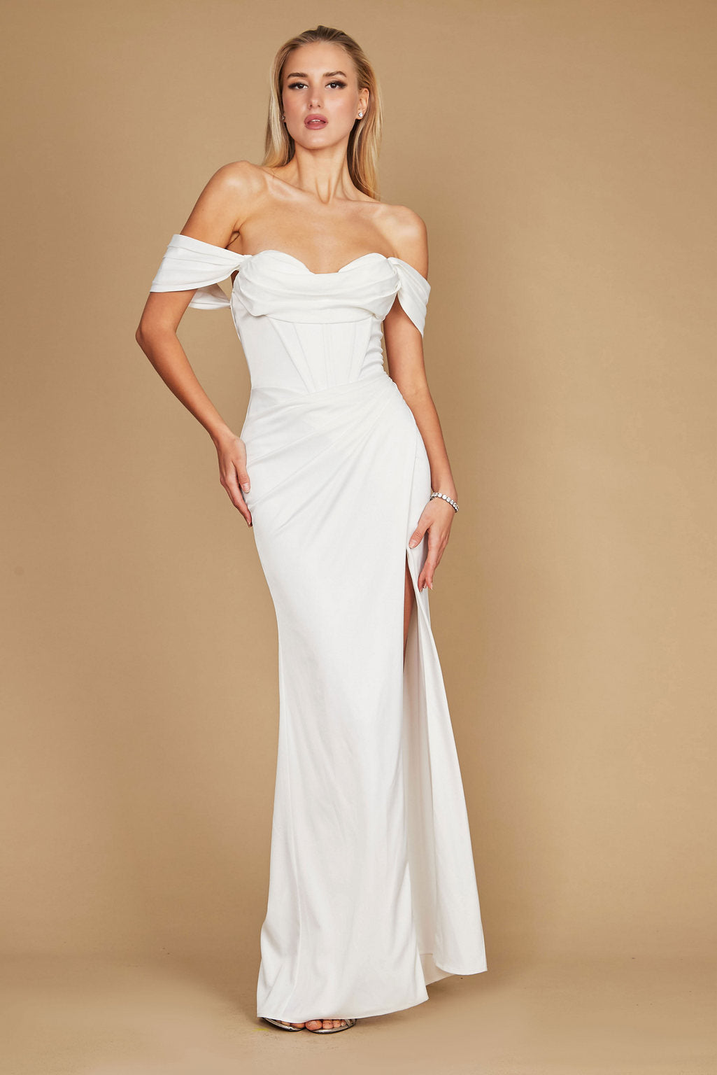 Long Formal Corset Satin Evening Dress Off White