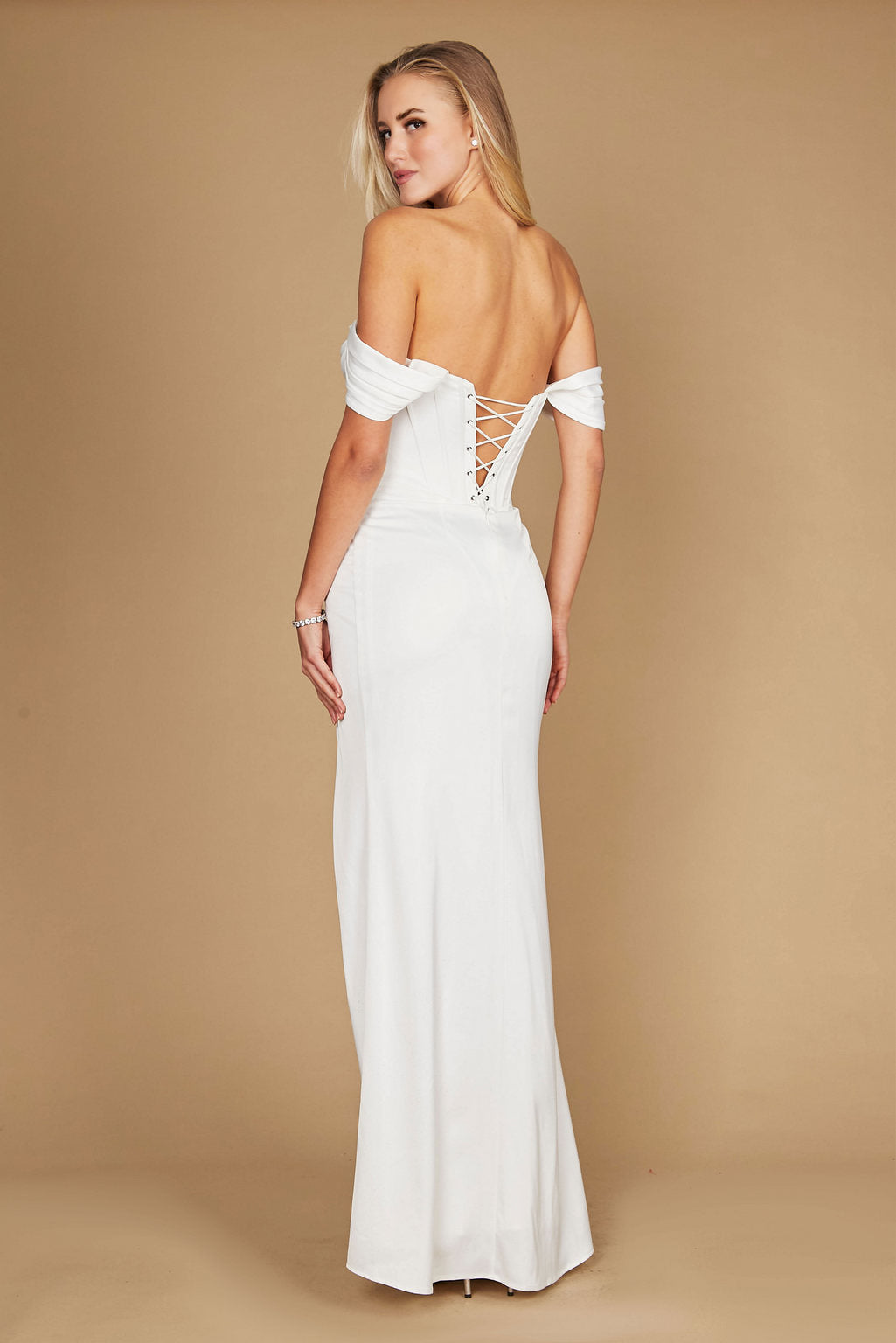 Long Formal Corset Satin Evening Dress Off White