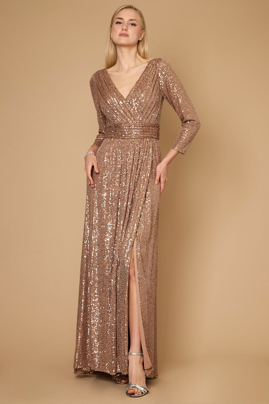 Long Sleeve Sequin Formal Hand Beaded Dress Bronze