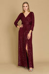 Long Sleeve Sequin Formal Hand Beaded Dress Burgundy