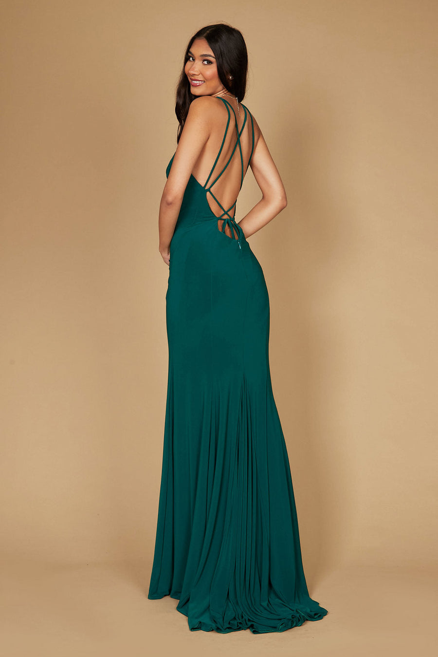 Long Fitted Open Back Jersey Prom Dress Emerald Green