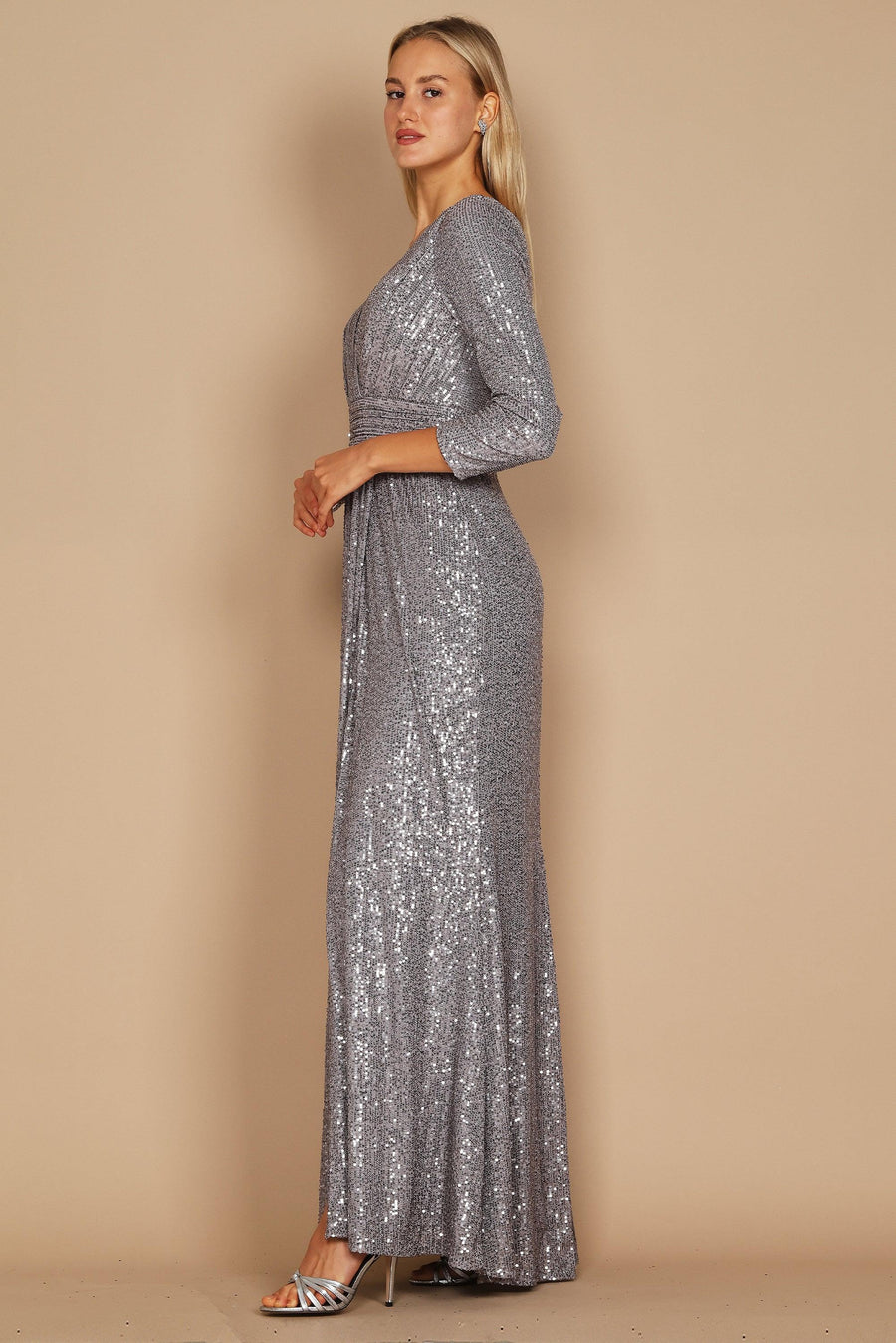 Long Sleeve Sequin Formal Hand Beaded Dress Charcoal