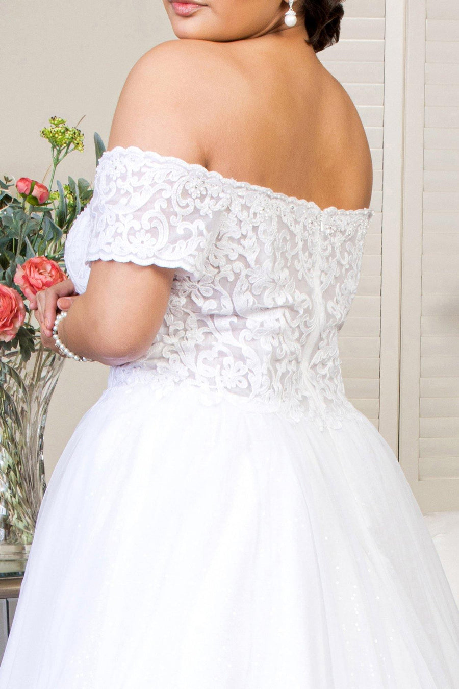 Long Off Shoulder Glitter Mesh Wedding Gown - The Dress Outlet