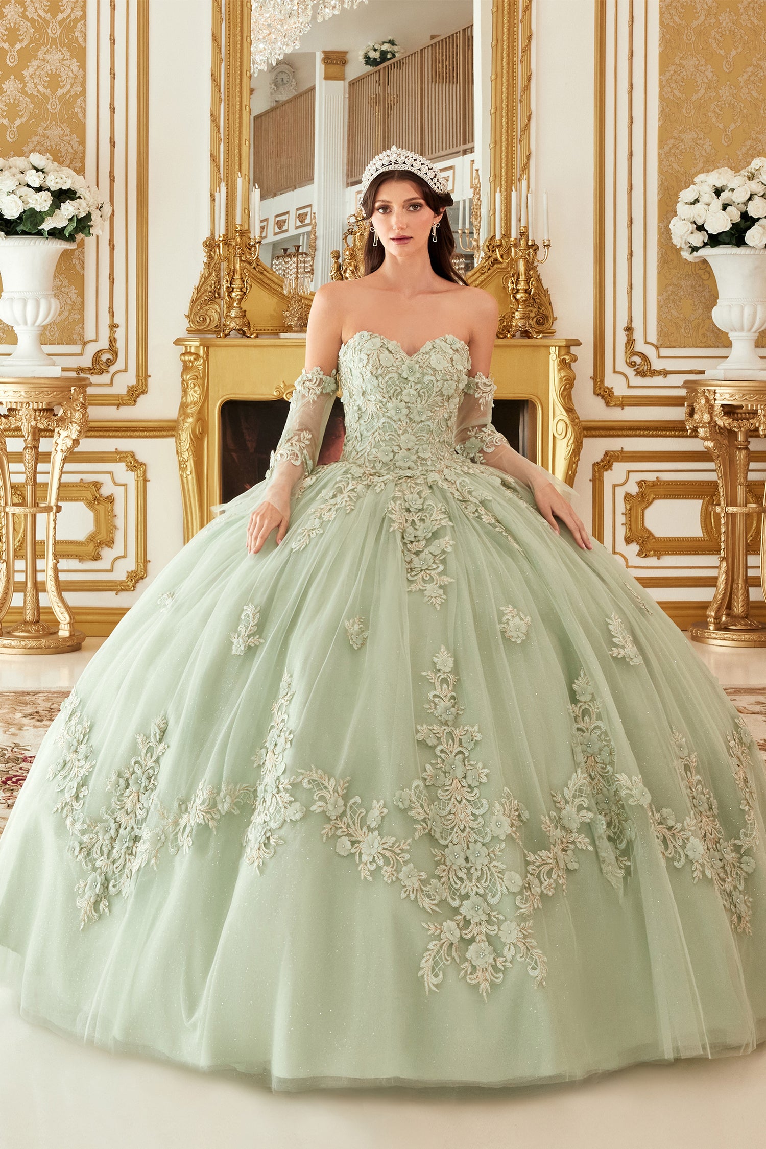 Quinceniera Dresses Long Strapless Quinceanera Floral Applique Ball Gown Sage