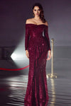 Long Sleeve Sequin Evening Gown Wine